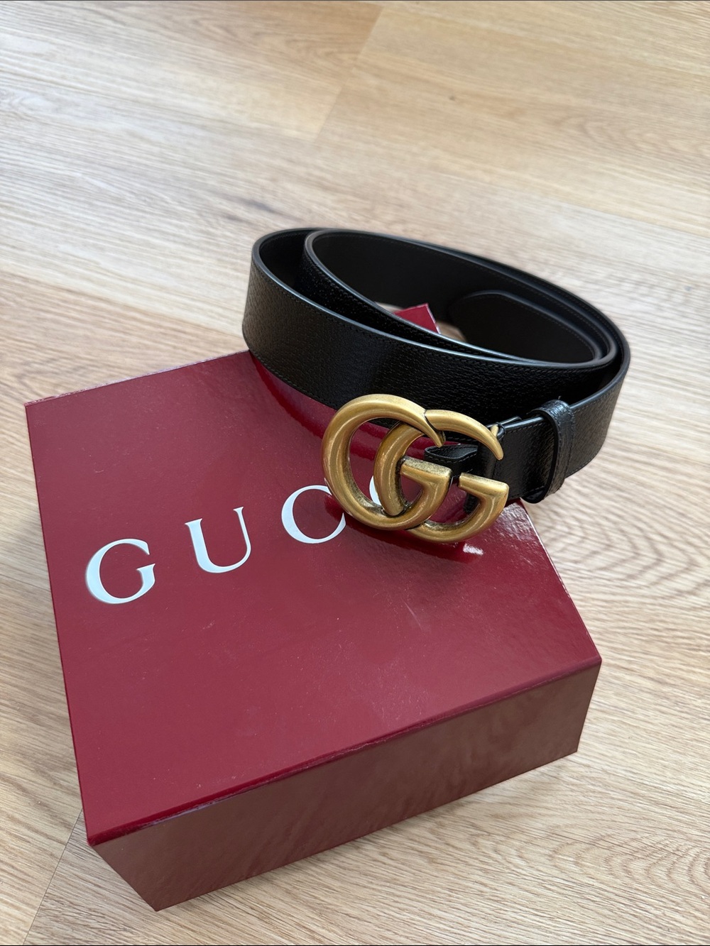 Gucci Black Leather Belt with Antique Gold Double G Buckle
